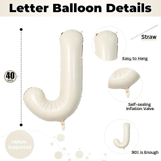 40 Inch Cream Letter Balloon, Big Alphabet J Foil Word Beige, Large Inflatable - Image 2