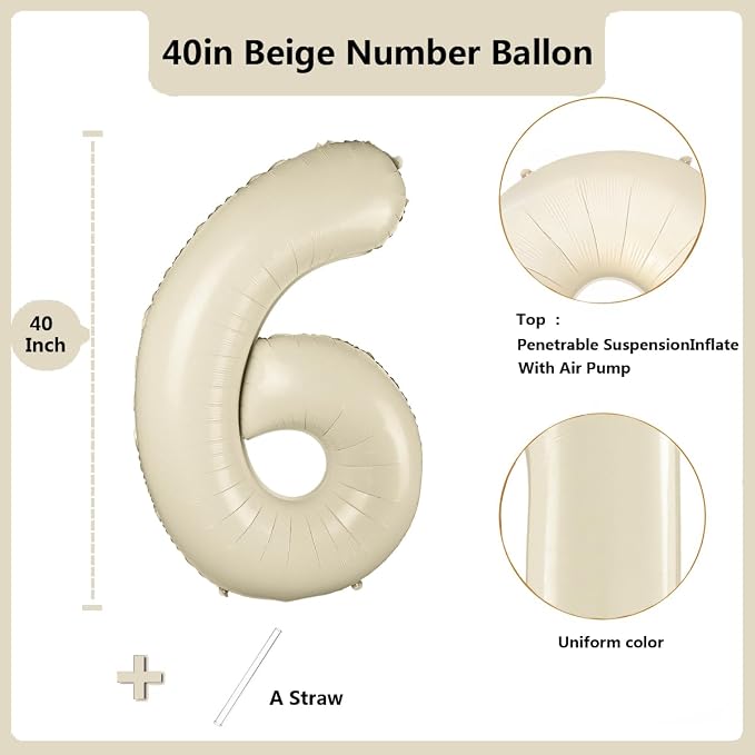 40 inch Cream White Number Balloon Giant Foil Helium Balloons Beige Number 6 - Image 2