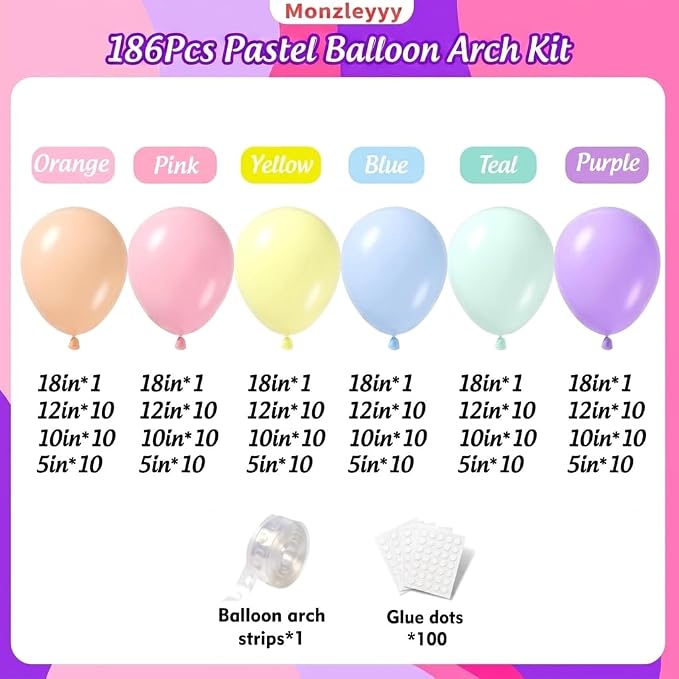 186Pcs Pastel Rainbow Balloons Garland Arch Kit -18 12 10 5 Inch Different - Image 2