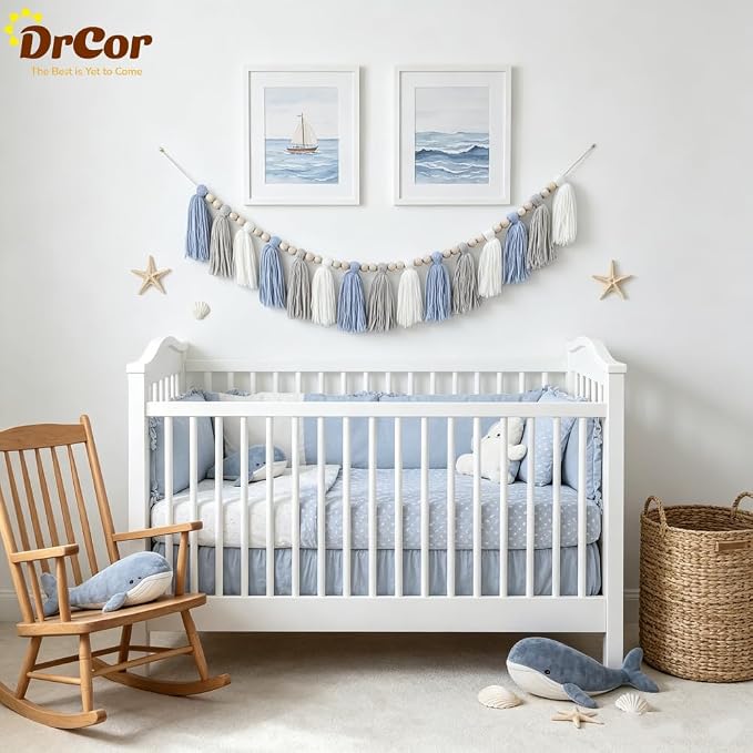 DrCor Coastal Blue White Tassel Garland – Boho Decor | Handmade yarn banner - Image 4