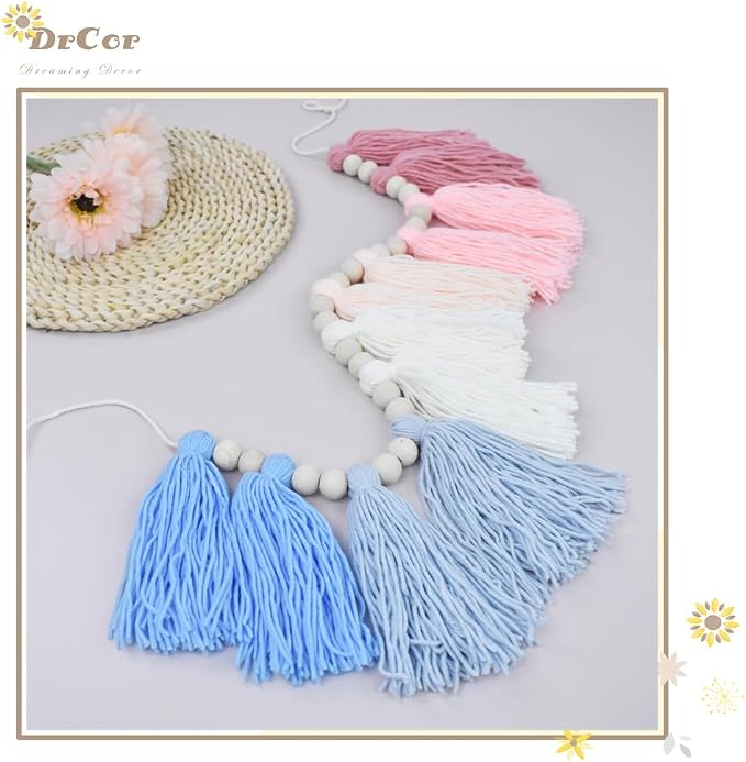DrCor Pink & Blue Tassel Garland – Boho Nursery Decor | Preppy coastal yarn - Image 4