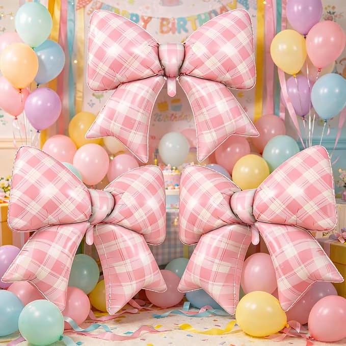 Pink Plaid Bow Balloons, 38 Inch Pink Giant Gingham Checkered Bowknot Foil - Image 2