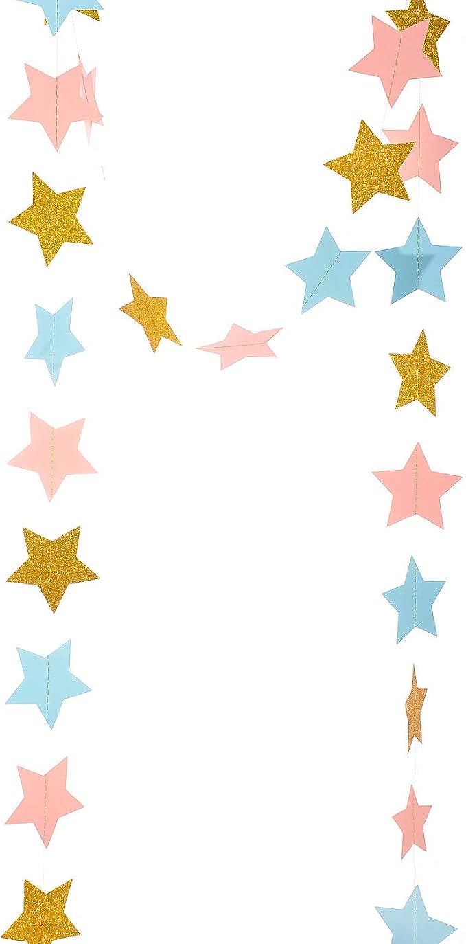 WEVEN Pink Blue Gold Star Garland Glitter Paper Streamers Twinkle Star Banner - Image 3