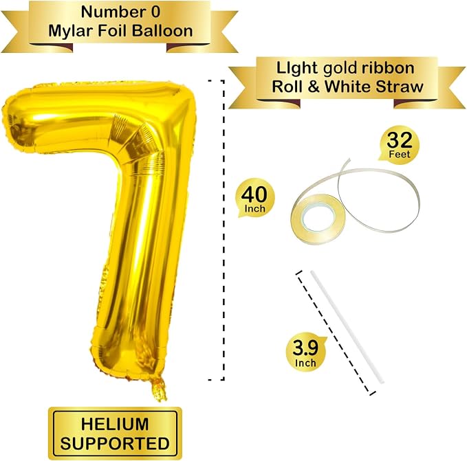 Gold 40 Inch Number 7 Balloon, Premium Mylar Foil Balloon - Image 2