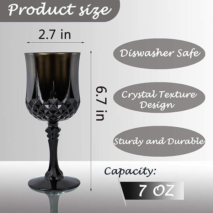 Plastic Wine Glasses，Plastic Goblets Vintage Style Cordial Drinking Glasses for Wedding Reception, Halloween Grand Event Party Supplies (12, Black)