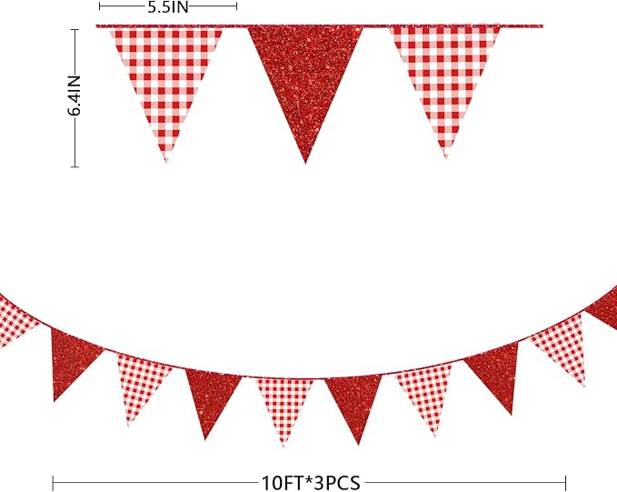 Red Buffalo Plaid Party Decorations Pennant Banner Flag Hanging Red Glitter - Image 2