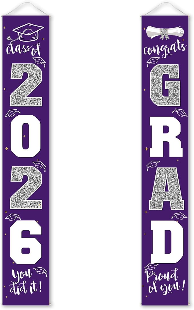 Graduation Decorations 2026 Banner Porch Sign Purple Silver by ATFUNSHOP