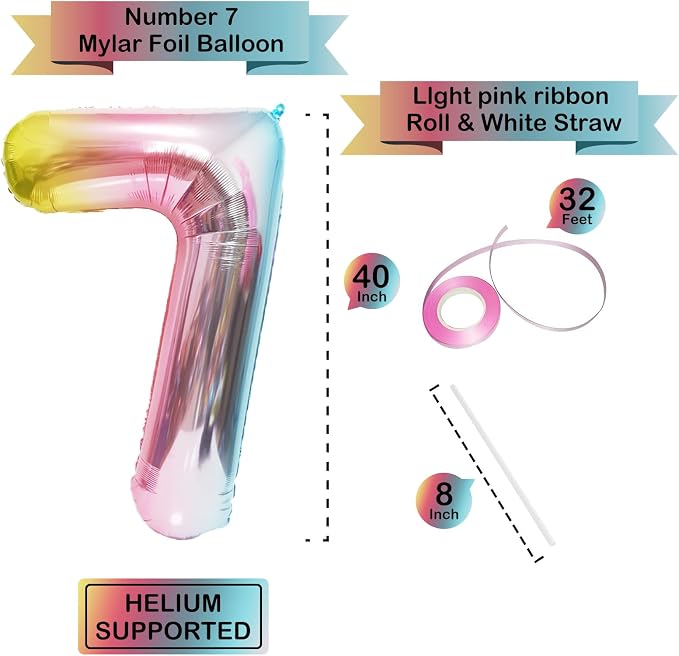 40 Inch Giant Rainbow Number 7 Balloons, Birthday Balloons, Helium Mylar Foil - Image 3