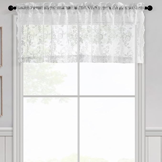 FINECITY White Floral Lace Valance Curtain by FINECITY
