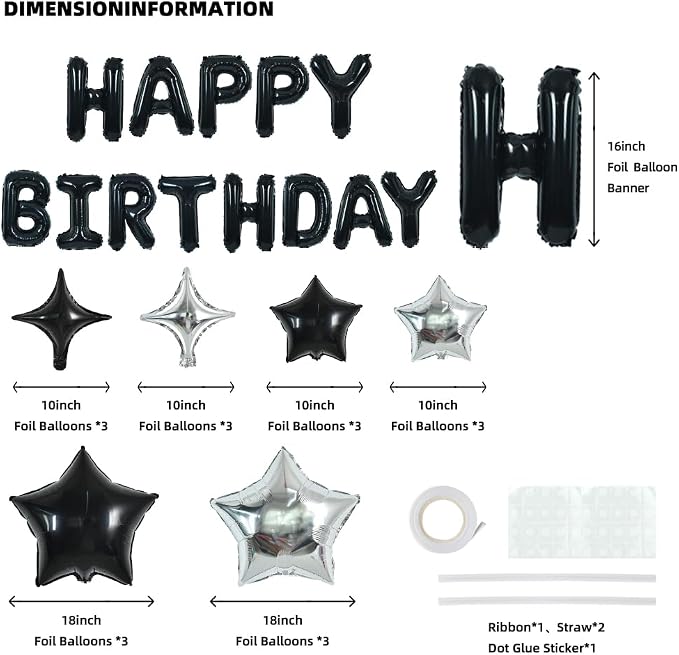 TONIFUL 35Pcs Black Birthday Decorations Kit 16 Inch Happy Birthday Balloon | - Image 2
