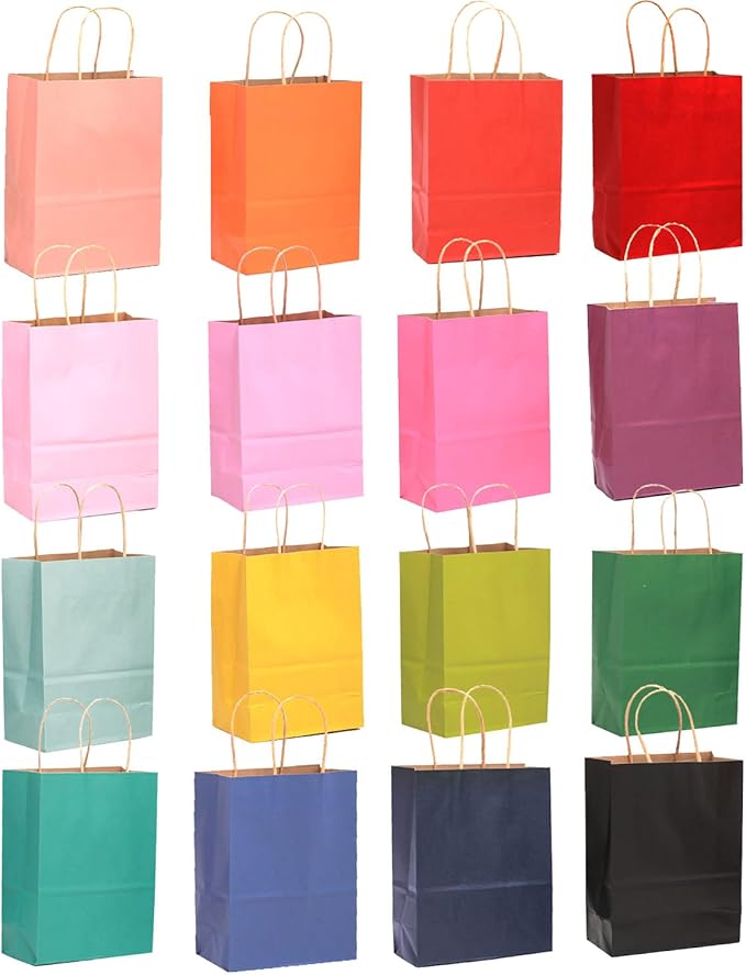 qiqee 100Pcs Large Size Paper Gift Bags with Handles -13"x10.3"x4.6" Kraft Small Party Bags - 16 Solid Colors