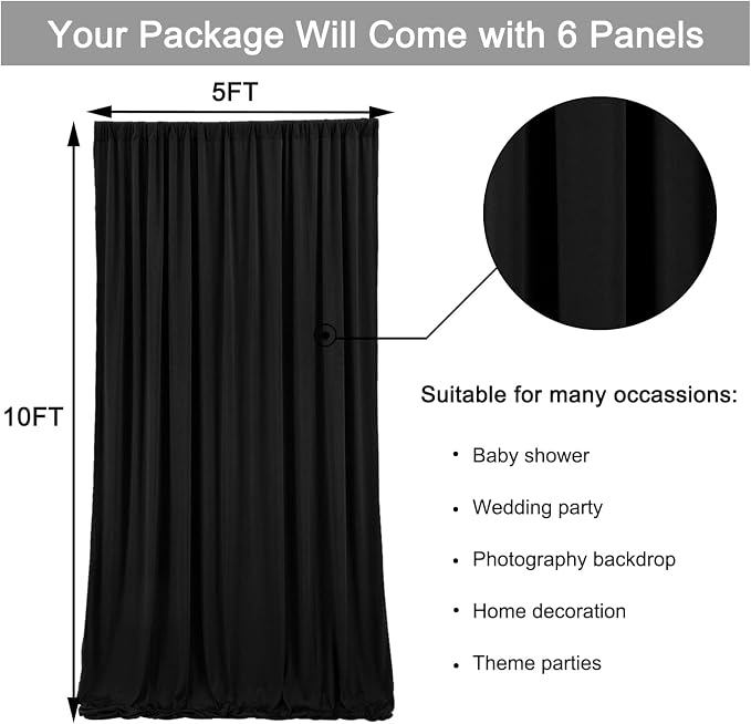 30ft x 10ft Wrinkle Free Black Backdrop Curtain - Image 6