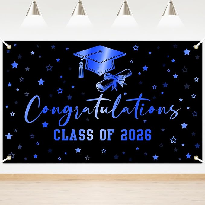 Congratulations Graduation Banner Class of 2026 Backdrop Black Blue Congrats by Lecheme