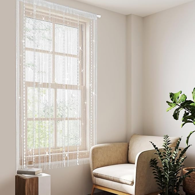 Hysenm Door String Curtains 39x79 Inch White Panel Soft Balls Romantic Glitter Fringe Room Divider Home Décor Wedding Girls Bedroom Window Living Room Backdrop Party Doorways Closet