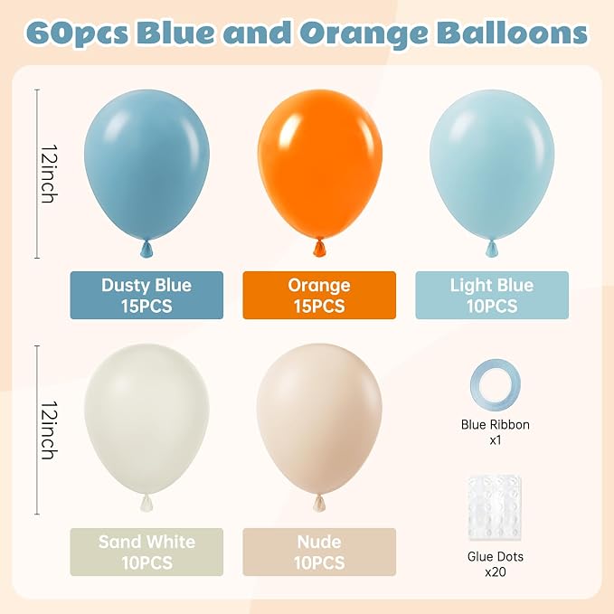 60pcs 12inch Blue and Orange Balloons, Dusty Blue Orange Sand White Nude - Image 2