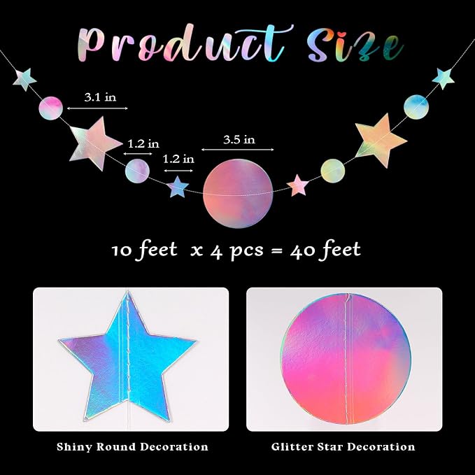Star Circle Dot Hanging Garlands, Holographic Twinkle Stars Garlands Iridescent - Image 2