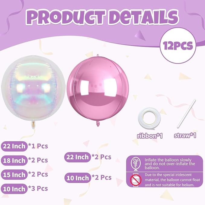 Biapian 12Pcs Pink and Iridescent Round Balloons Foil, Large Pink Bubble - Image 2