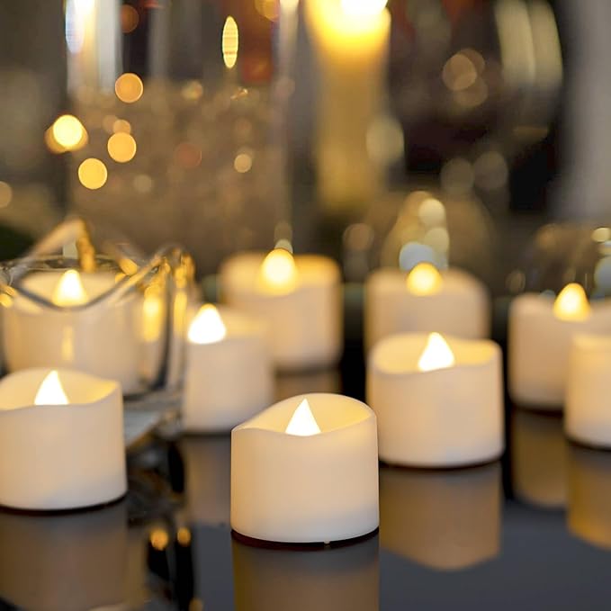 Homemory 48-Pack Novelty Flickering Flameless Tea Lights Candles, 200+Hours Battery-Operated LED Fake Candles for Wedding Table Centerpieces,Proposal,Anniversary, White Base, Ø1.5'' × H1.3''