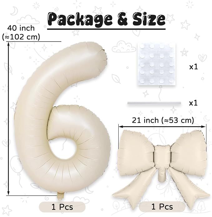 Cream 6 Balloons with Bow Balloons, 40 Inch Giant Self Inflating Beige Foil - Image 2