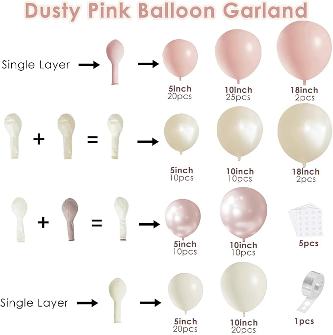 Boho Dusty Pink Balloons Garland Arch Kit, Double Stuffed White Pearl Balloon - Image 2