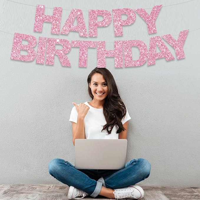 BEISHIDA Pre-Strung Glitter Pink Happy Birthday Banner Party Sign Decor | NO DIY - Image 4