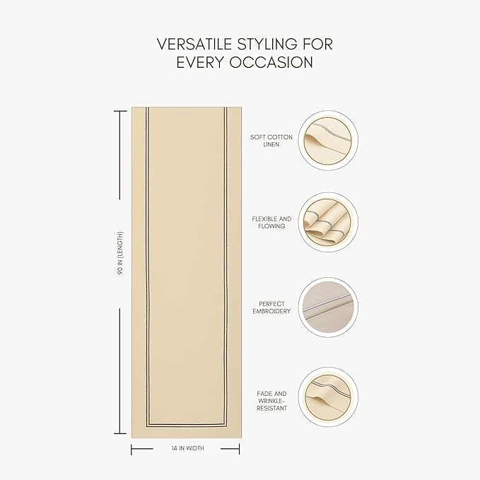 Cotton Linen Table Runner 90 Inches Long – Summer Beige Table Runner 14 x 90 Inch – Washable Fabric Farmhouse Runner Line Embroidery – Wedding Decoration, Git
