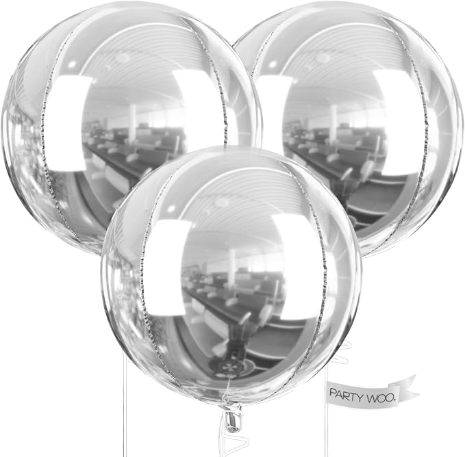 PartyWoo Metallic Silver Large Round Giant Foil 4D Balloons 3pcs 50 Inch | 50 by PartyWoo