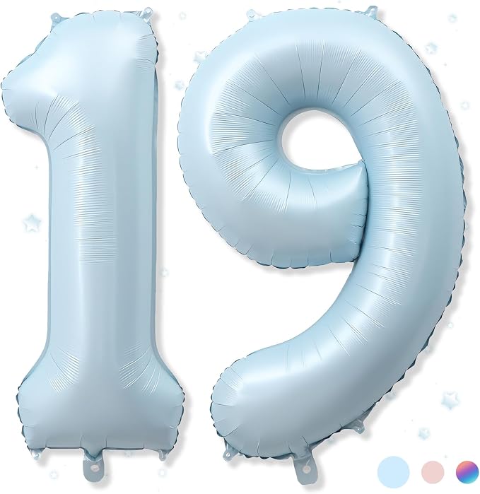 Foil 19 Balloon, Light Baby Blue Big Number 19 Balloons by Froova