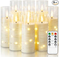 Homemory Flameless Candles with Embedded Star String Fairy Lights, Battery Operated Candles with Remote Control and Timer, Acrylic Flickering LED Candle for Fall Decor, Ivory, Set of 9, D2.2”xH5”6”7”