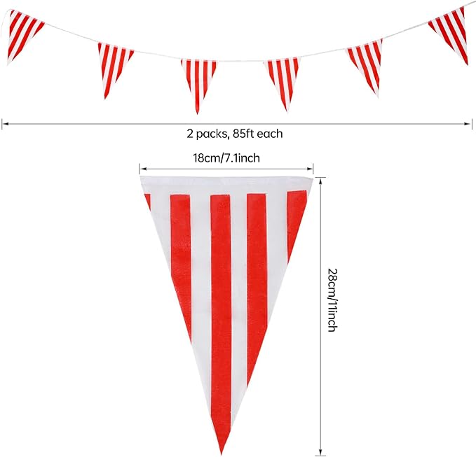 RUBFAC 170ft 120pcs Red White Striped Pennant Banner | Carnival circus string - Image 2
