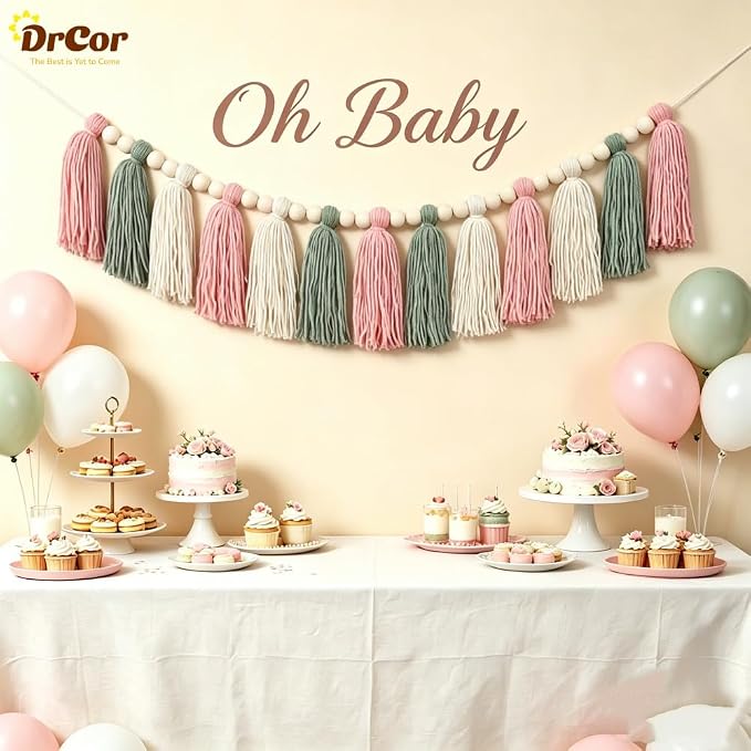DrCor Pink & Sage Green Tassel Garland – Classroom Decor | Pastel boho wall - Image 7