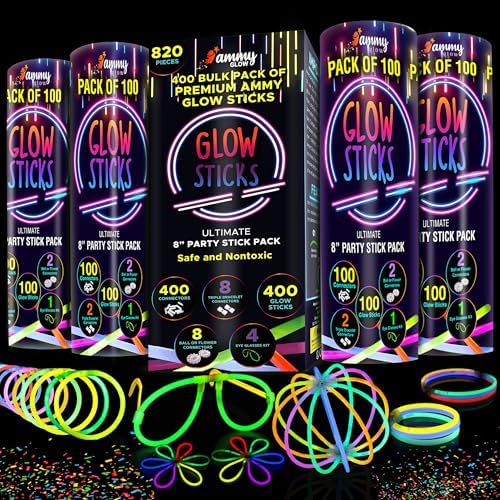 820 pcs Glow Sticks Bulk, Glow in The Dark Party Supplies, Festival Accessories & More, Bulk Party Favors, Camping Games, Party Favors, Emergency Supplies by AMMYGLOW