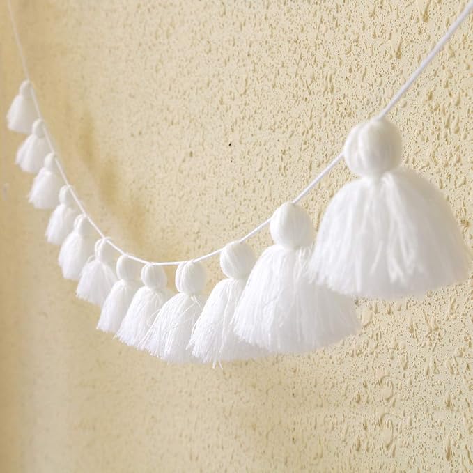 Big Size Tassel Garland H3.1in Polyester Yarn White Pom Pom Tassel Banner by Binpeng
