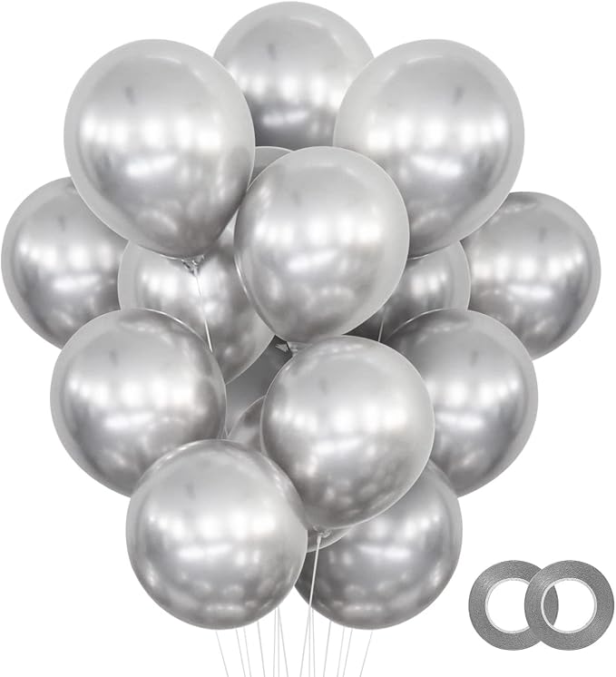 120Pcs 5 Inch Metallic Silver Balloons, Metallic Chrome Silver Latex Balloons by Qikoolaa
