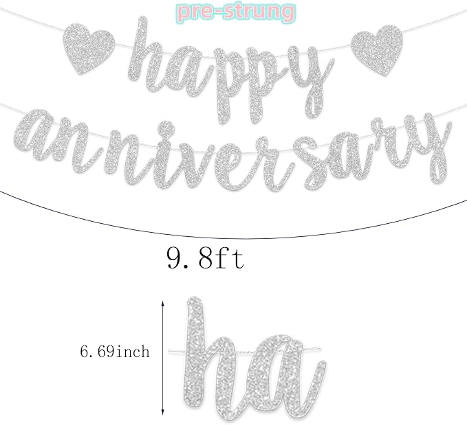 Pre-Strung Happy Anniversary Banner Bunting Silver Hanging Sign Garland - Image 7