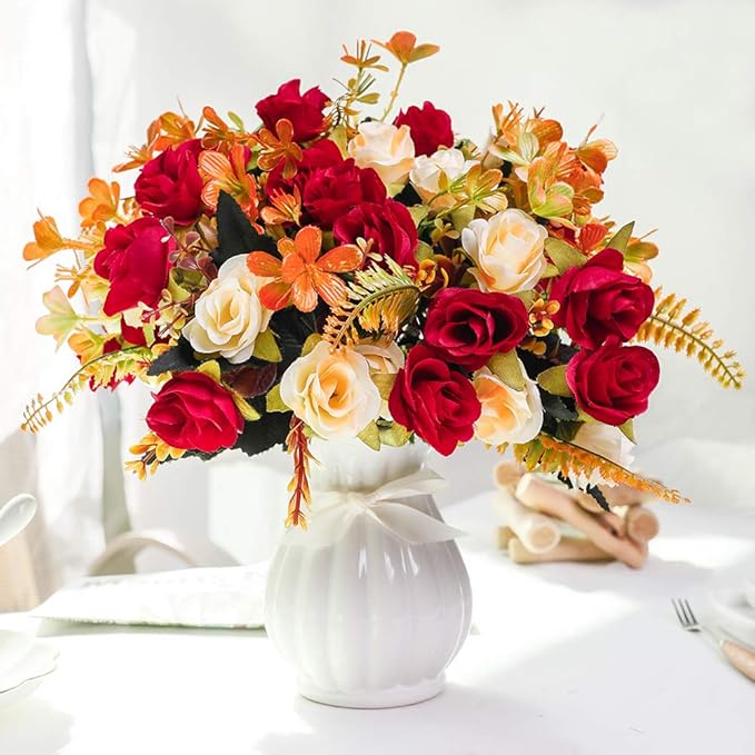 LESING Artificial Fake Flowers with Vase Silk Artificial Roses Wedding Flowers Bouquets Home Office Party Meeting Room Decoration (Red-1)