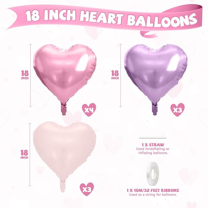 Pink Purple Heart Balloons, 18 Inch Pastel Foil Balloons - Image 2