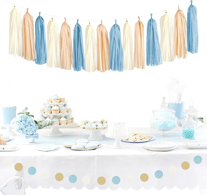 Dusty-Blue Baby-Shower Party-Decorations Tassel-Garland - Image 5