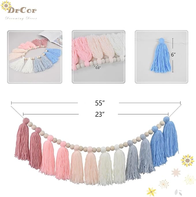 DrCor Pink & Blue Tassel Garland – Boho Nursery Decor | Preppy coastal yarn - Image 2