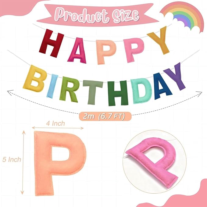 Felt Happy Birthday Banner, Pre-Strung 3D Birthday Rainbow Garland Banner | - Image 3