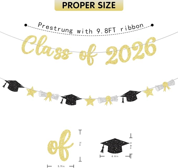 Class of 2026 Banner Gold Graduation Decorations Prestrung 2026 Graduation - Image 4