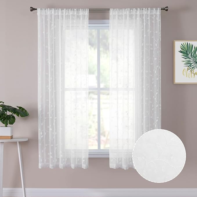 Tollpiz Leaves Sheer Curtains White Leaf Embroidery Bedroom Curtain Rod Pocket by Tollpiz