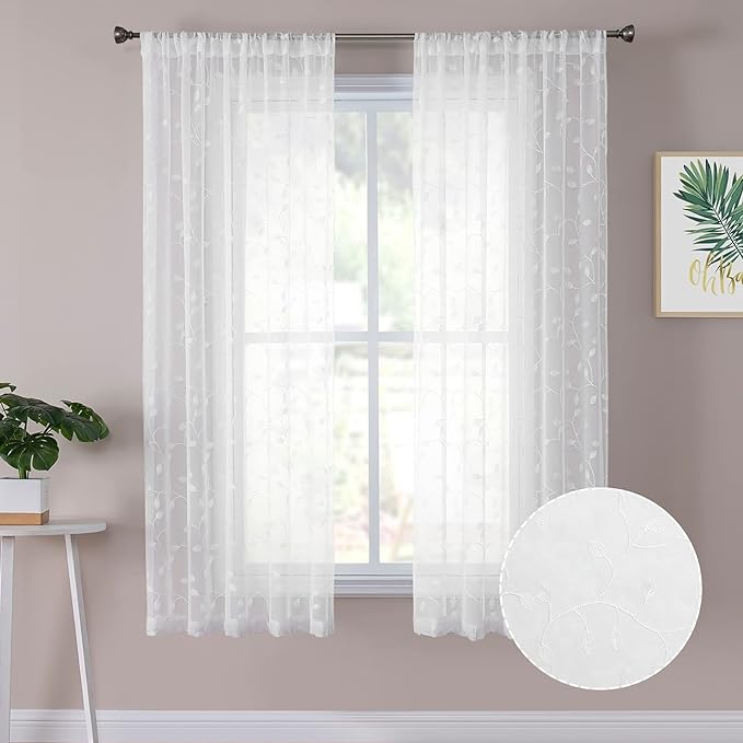 Tollpiz Leaves Short Sheer Curtains White Leaf Embroidery Bedroom Curtain Rod by Tollpiz