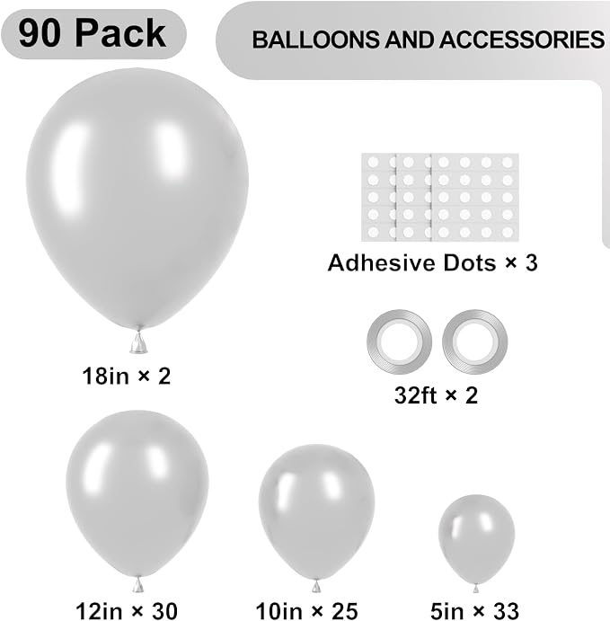 Voircoloria 90pcs Metallic Silver Balloons Arch Kit, 18 12 10 5 Inch | - Image 2