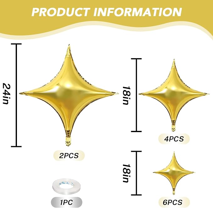 HILAVO 12PCS Gold Star Balloons, 24in 18in 10in Four Pointed Star Shaped - Image 2