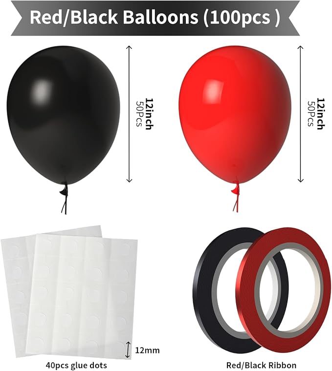 Red and Black Balloons 100 Pack 12 Inch Red Black Extra Thick Latex Party - Image 2