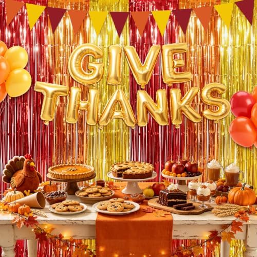 Thanksgiving Decorations, 2Pack Thanksgiving Foil Fringe Backdrop Curtains with GIVE THANKS Balloons for Thanks Giving Fall Party Decoration Wall Decor Photo Booth Props Fall Streamers, 3.3 x 6.6ft - Image 6