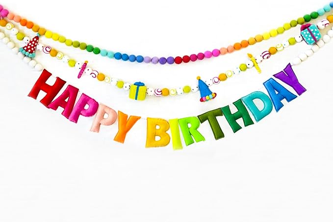 Pre-Strung Birthday Banner Handmade 3D Rainbow Wool Felt Balls Garland | - Image 7
