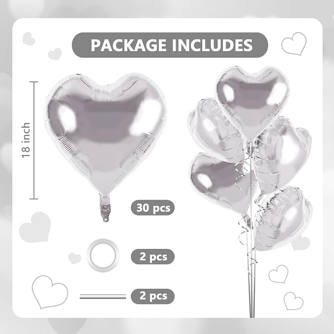 TONIFUL 30 Pcs Silver Heart Balloons 18 Inch Heart Shape Foil Mylar Balloon | - Image 2