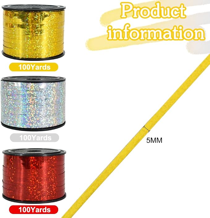 BEISHIDA 3 Pack 100 Yards Gold Silver Red Curling Crimped Glitter Ribbon - Image 2